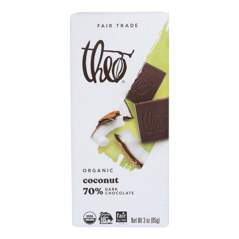 Theo Chocolate Organic Dark Chocolate Bar - 70% Cacao - Coconut - 3oz Bars - Case of 12 (Pack of 12) - Cozy Farm 
