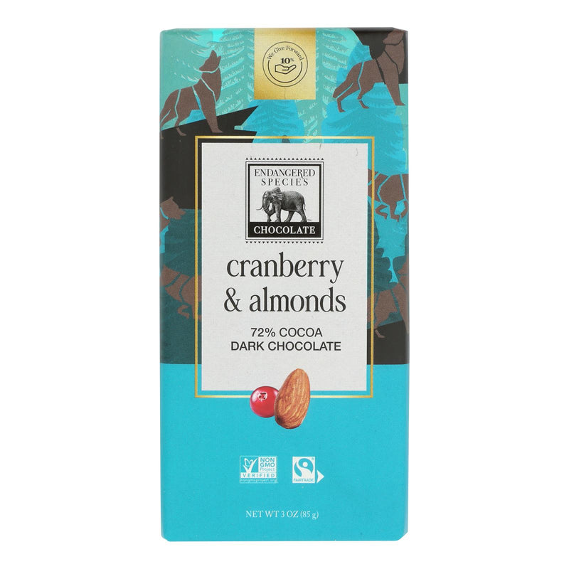 Endangered Species Dark Chocolate Bar - 72% Cocoa - Cranberries and Almonds - 3 Oz - Case of 12, Natural Chocolate Bars - Cozy Farm 