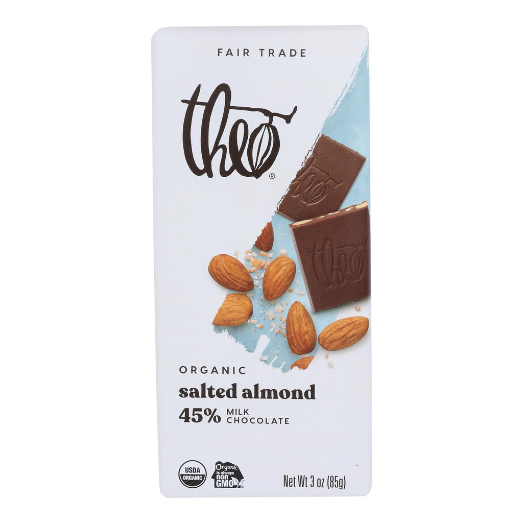 Theo Chocolate Organic Chocolate Bar - Classic Milk - 45% Cacao - Salted Almond - 3 Oz - Case of 12 - Cozy Farm 