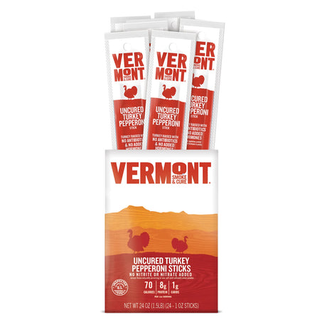 Vermont Smoke & Cureuncured turkey pepperoni sticks packaging on a white background