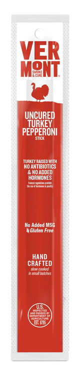 Vermont Uncured Turkey Pepperoni stick packaging with red and white design.