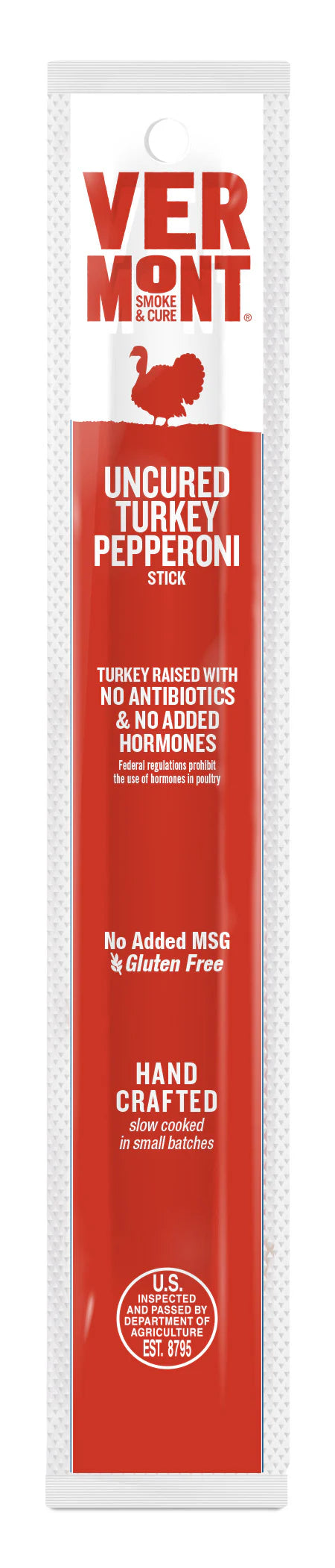 Vermont Uncured Turkey Pepperoni stick packaging with red and white design.