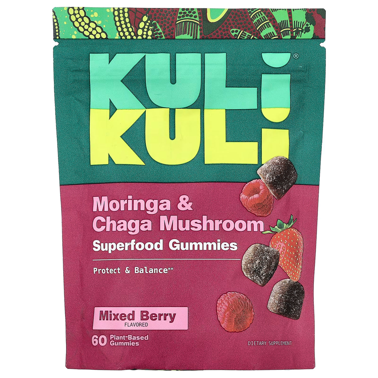 Kuli Kuli Moringa & Chaga Mushroom Superfood Gummies packaging with colorful design