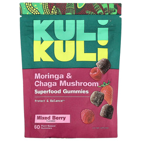 Kuli Kuli Moringa & Chaga Mushroom Superfood Gummies packaging with colorful design