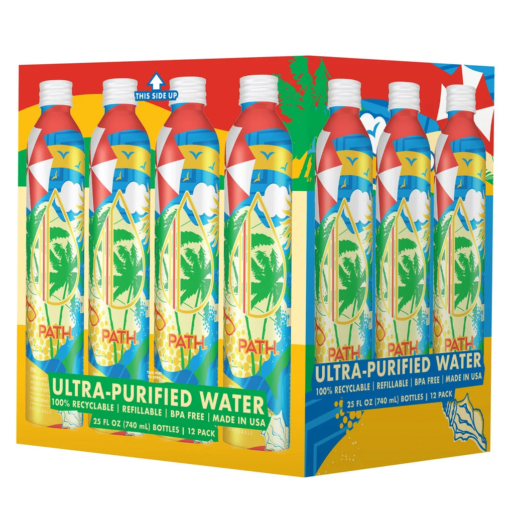 Packaging of PATH ultra-purified water bottles with colorful design