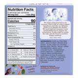 Nutrition facts label and ingredients list on a product packaging with a blue background.