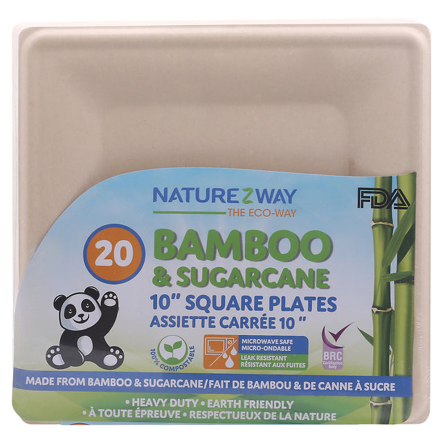 Naturezway Bamboo Square Plate 10inch, 20ct (Case of 12, 20ct Pack) - Cozy Farm 