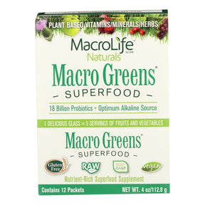 Macrolife Naturals Macro Greens packets offer vegan, gluten-free superfood cleanse. Convenient & nutritious boost on the go!