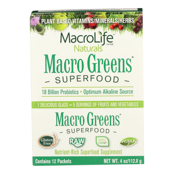 Macrolife Naturals Macro Greens packets offer vegan, gluten-free superfood cleanse. Convenient & nutritious boost on the go!
