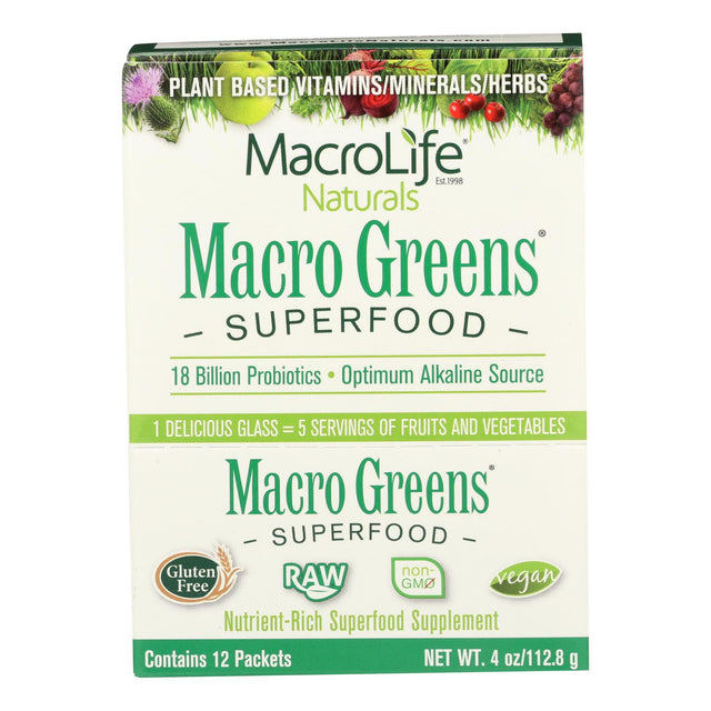 Macrolife Naturals Macro Greens packets offer vegan, gluten-free superfood cleanse. Convenient & nutritious boost on the go!