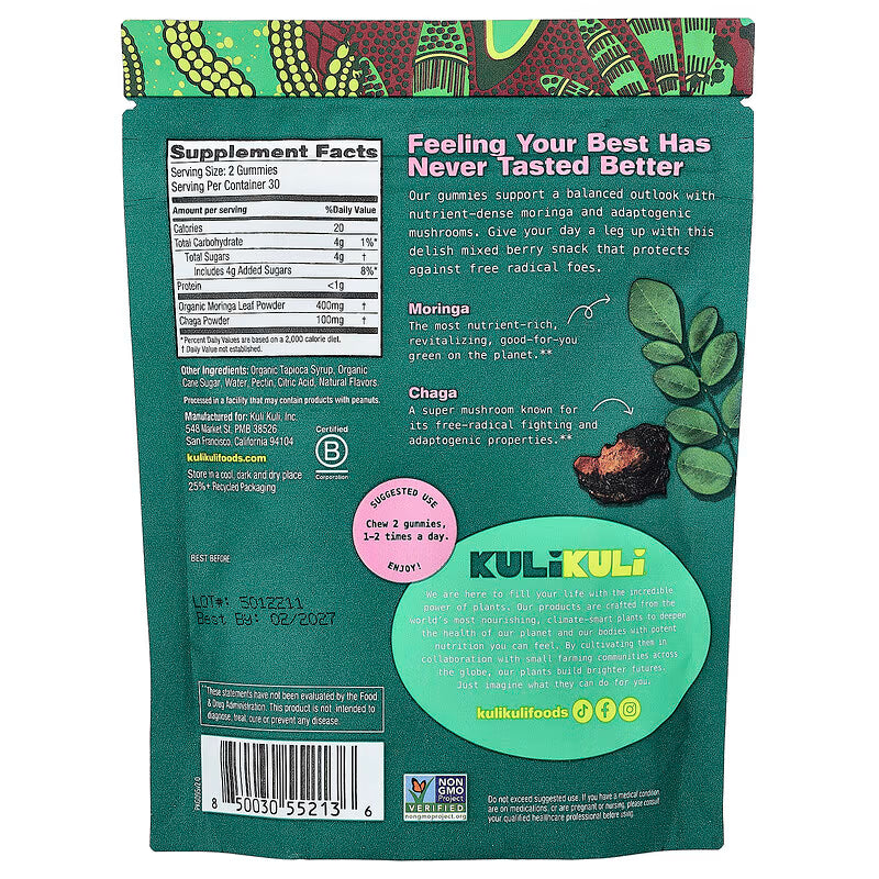 Back of a Kulikuli supplement package with text and branding.