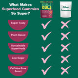 Comparison chart of Kuli Kuli superfood gummies versus other gummies on a green background.