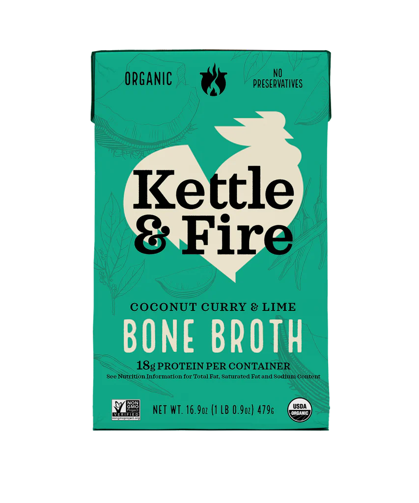 Kettle & Fire Coconut Curry & Lime Bone Broth packaging on a white background