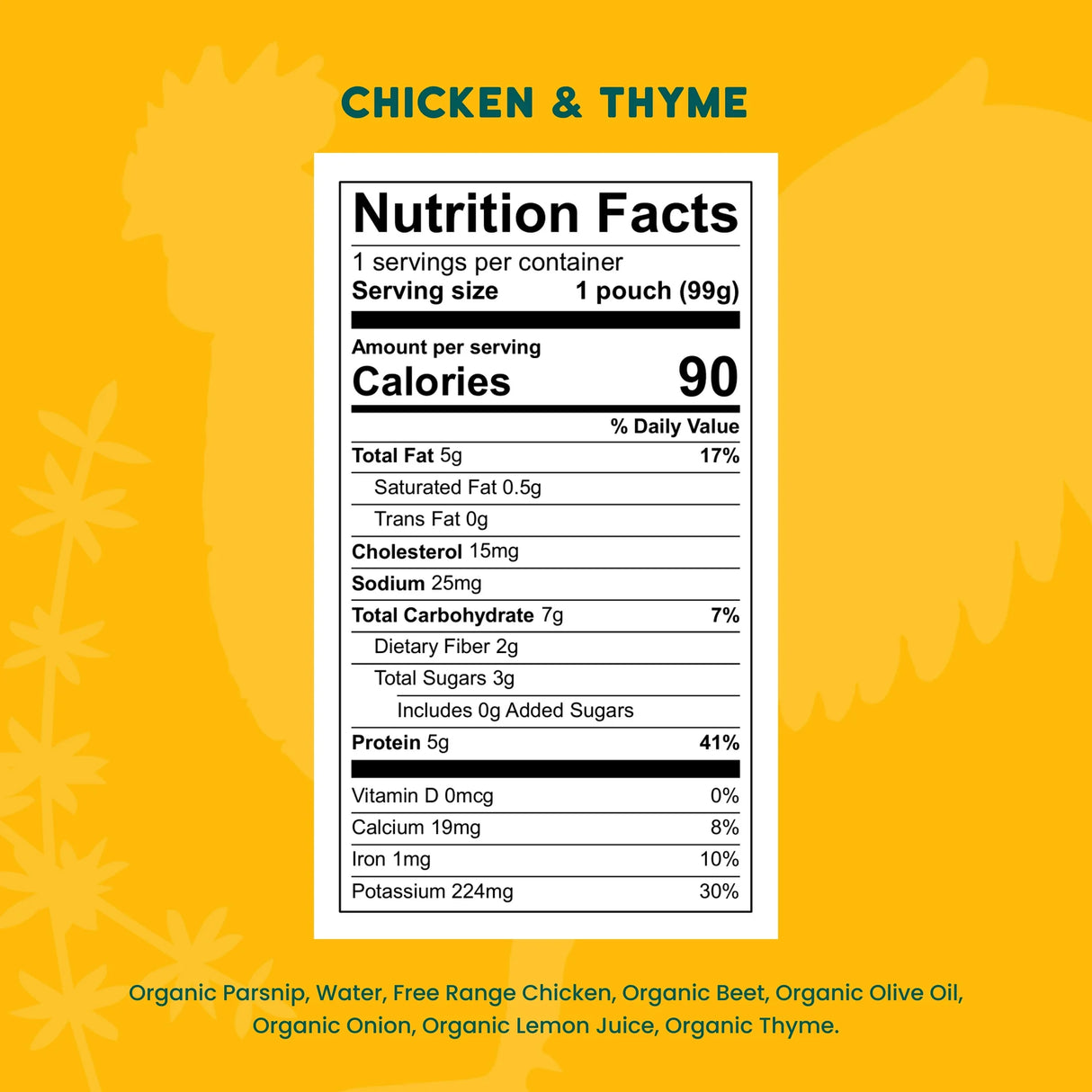 Nutrition facts label for a chicken and thyme product on a yellow background with chicken illustrations.