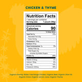 Nutrition facts label for a chicken and thyme product on a yellow background with chicken illustrations.