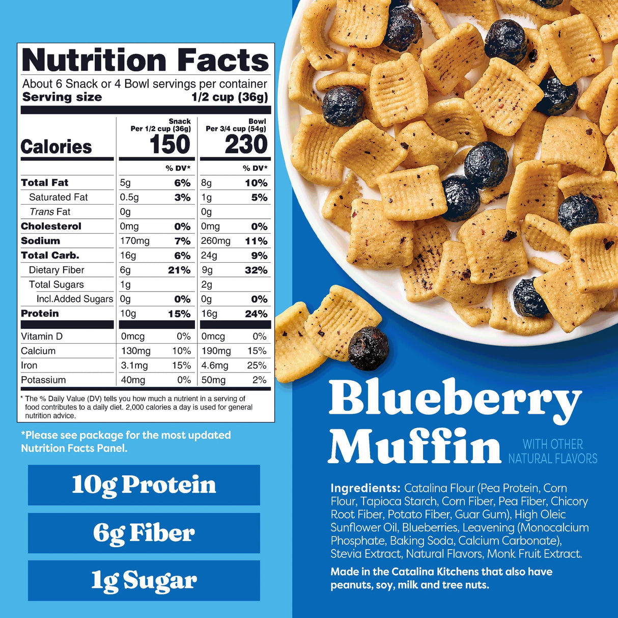 Cereal package with nutrition facts and blueberry muffin flavor description