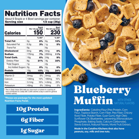 Cereal package with nutrition facts and blueberry muffin flavor description