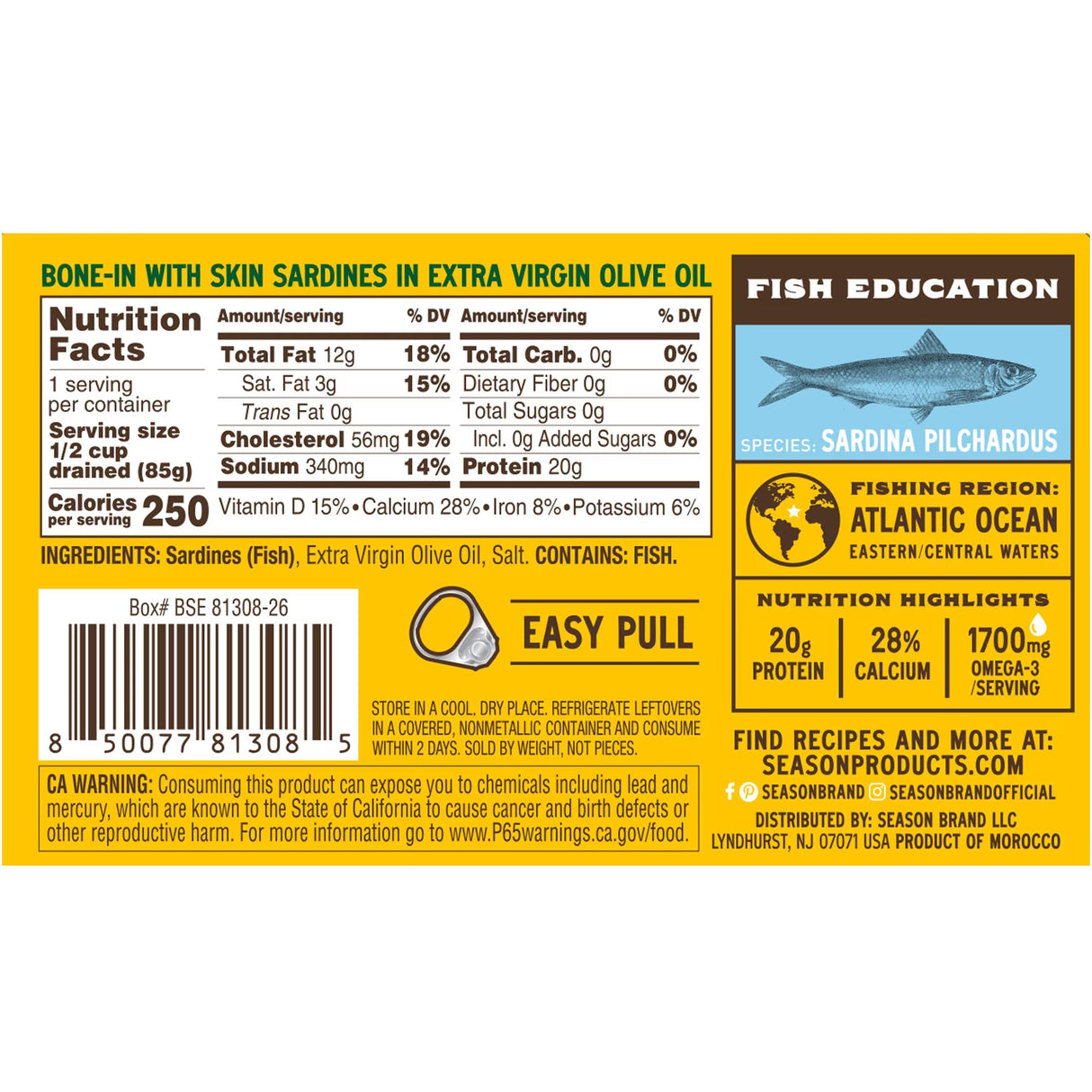 Back side of a Season Brand 'Bone-In with Skin Sardines in Extra Virgin Olive Oil' package, featuring nutrition facts, ingredients, barcode, and branding on a white background.