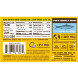 Back side of a Season Brand 'Bone-In with Skin Sardines in Extra Virgin Olive Oil' package, featuring nutrition facts, ingredients, barcode, and branding on a white background.