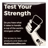 Promotional poster for Deathwish Coffee with a hand holding a coffee cup and text about strength and coffee.