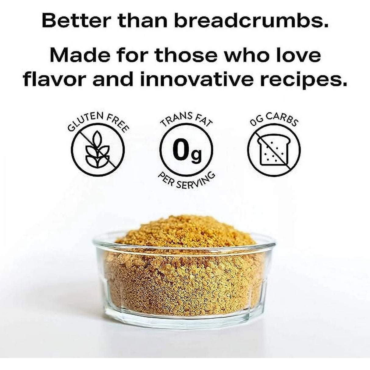 Glass bowl of breadcrumbs with health benefits text on a white background