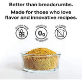 Glass bowl of breadcrumbs with health benefits text on a white background
