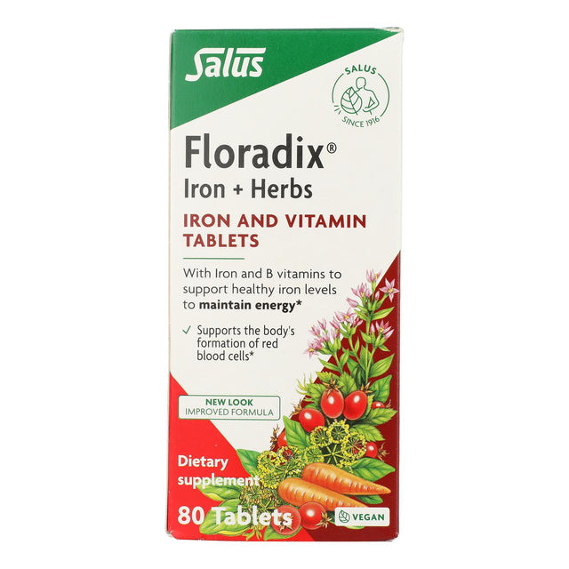 Salus Floradix Iron + Herbs Tablets - 80 Count - Iron Supplement for Energy