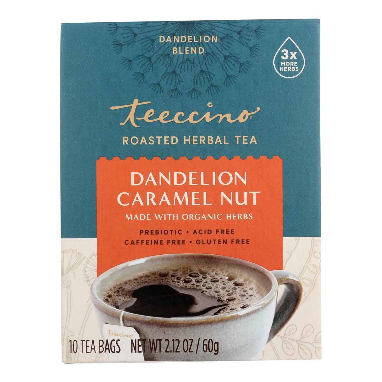 Teeccino Organic Dandelion Caramel Nut Herbal Coffee Alternative Tee Bags - 10 Bags