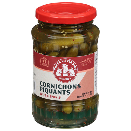 Trois Petits Cochons Pickled Gherkins: Tangy French Cornichons Piquants - 12x12.4 Oz