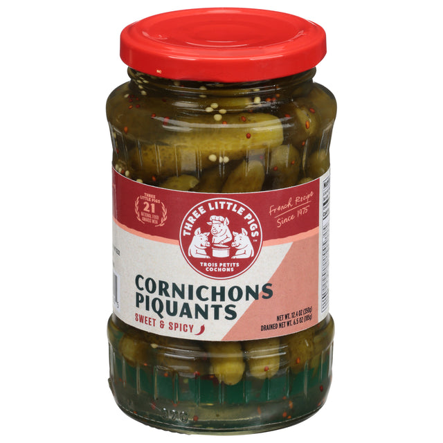 Trois Petits Cochons Pickled Gherkins: Tangy French Cornichons Piquants - 12x12.4 Oz
