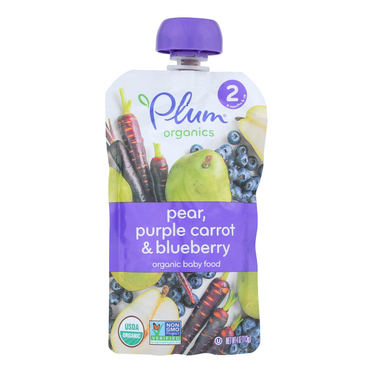 Plum Organics Baby Food Blueberry Pear Carrot, 12 Pouches - Stage 2