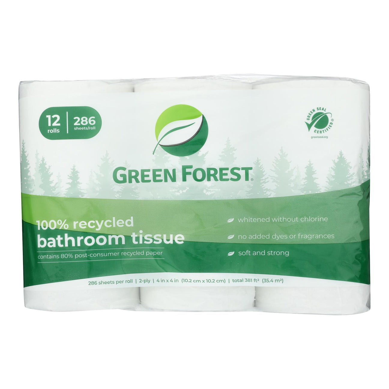 Green Forest Bath Tissue, 4 Packs of 12 Rolls (48 Total Rolls), Hypoallergenic & Septic Safe