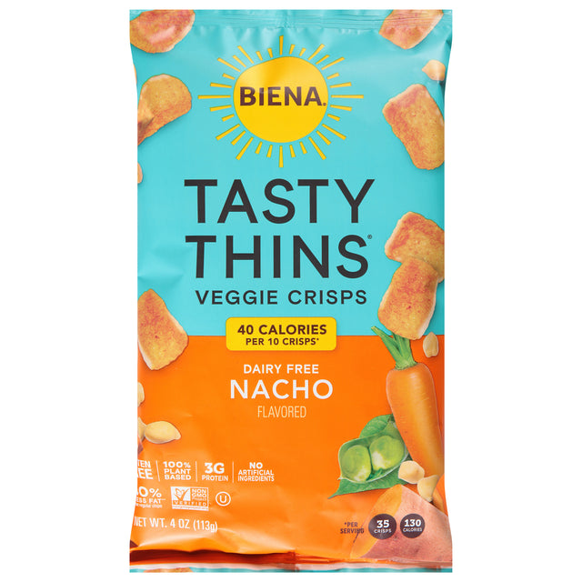 Biena Chickpea Snacks, Tasty Thins Nacho, 4 oz Bags, Pack of 12 - Gluten-Free & Plant-Based