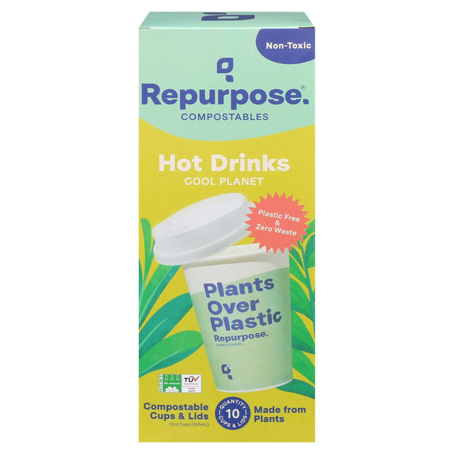 Repurpose Compostable Hot Cups with Lids, 12 oz, 10 Count Case - Eco-Friendly
