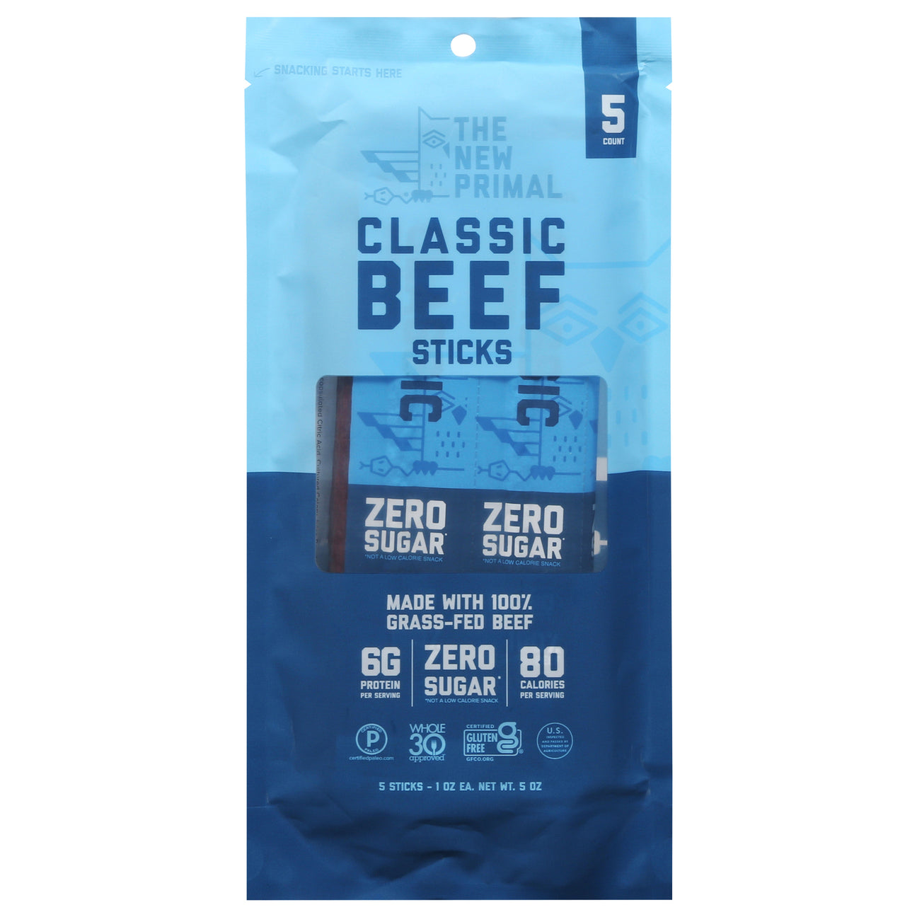 The New Primal Classic Beef Sticks - 8 Count of 0.5 oz Snack Sticks