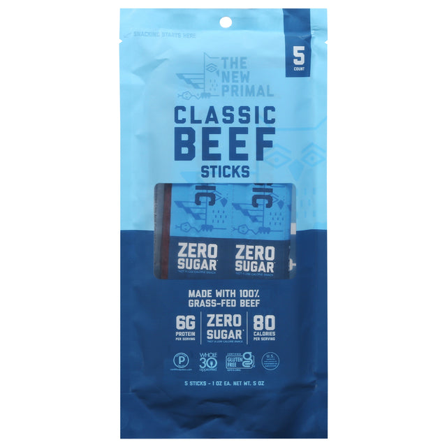 The New Primal Classic Beef Sticks - 8 Count of 0.5 oz Snack Sticks