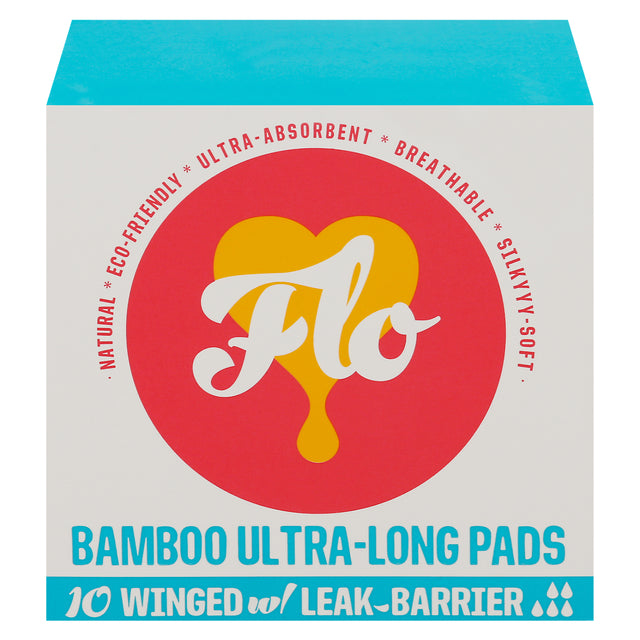 Flo Bamboo Overnight Pads: Ultra-Long with Wings (8-10). Heavy Flow Protection