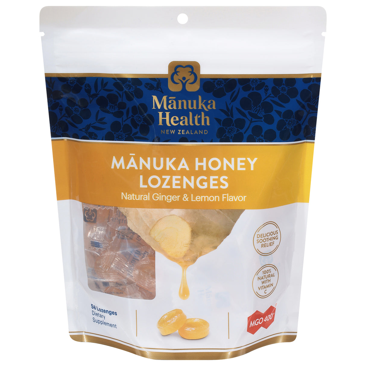 Manuka Health MGO 400+ Manuka Honey Lozenges, Lemon & Ginger, 58 Count