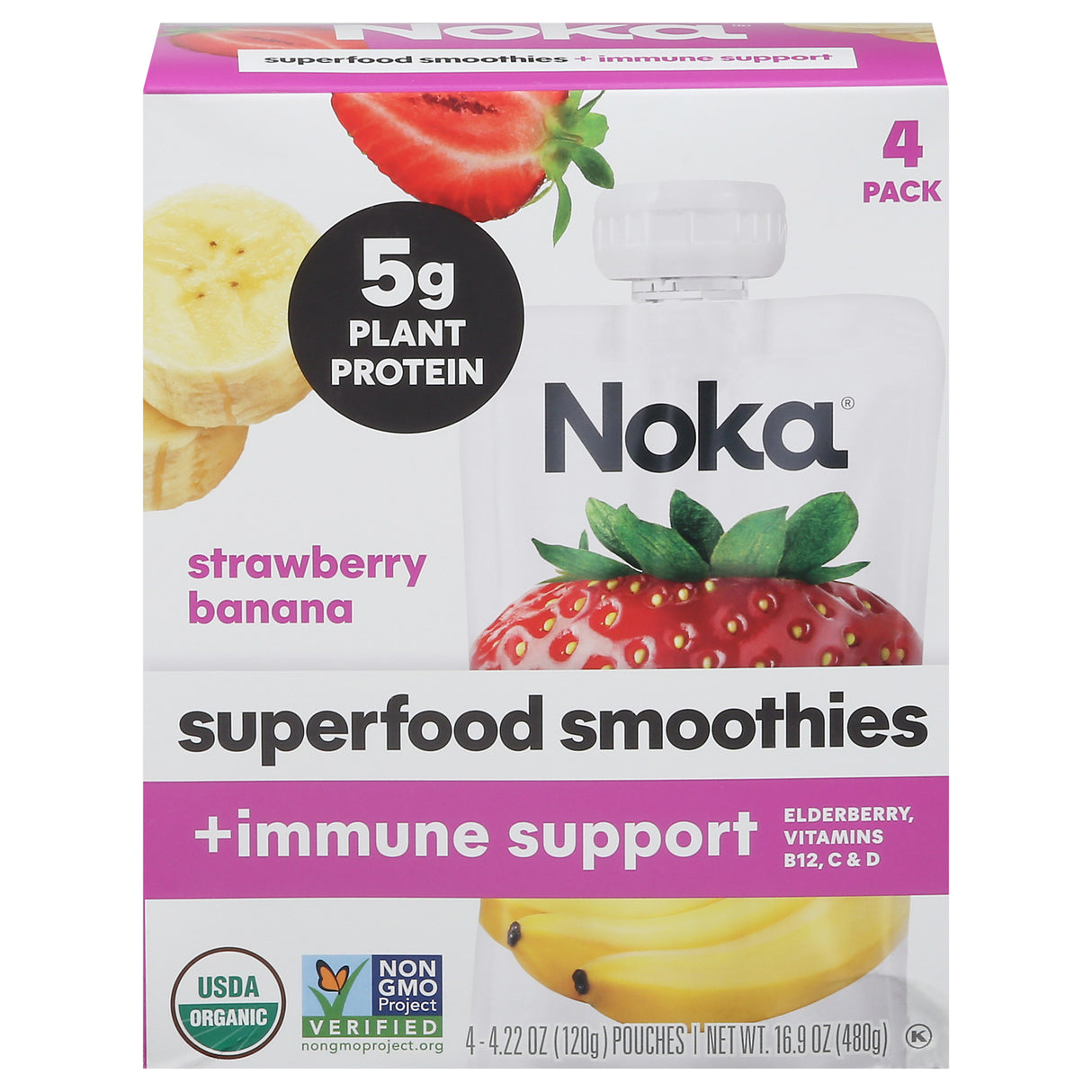 Noka Organic Smoothie, Strawberry Banana, 6-Pack of 4.22 oz Pouches