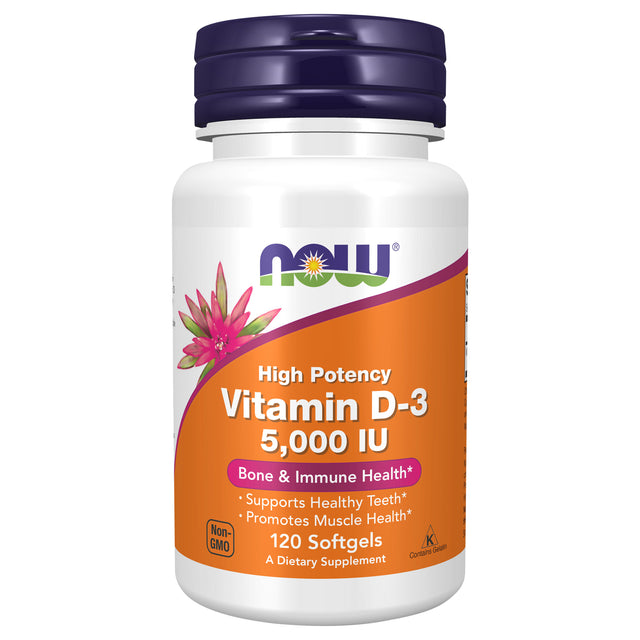 Now Foods Vitamin D3 5000 IU, 120 Softgels | High Potency Vitamin D Supplement