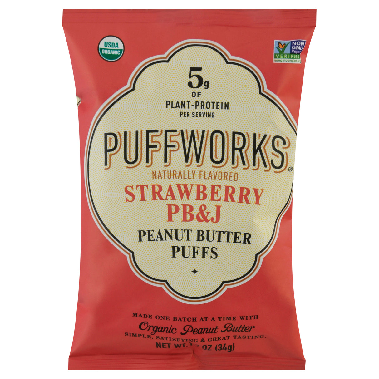 Puffworks Strawberry PB&J Puffs: Organic Peanut Butter Snacks - 6 x 1.2 oz