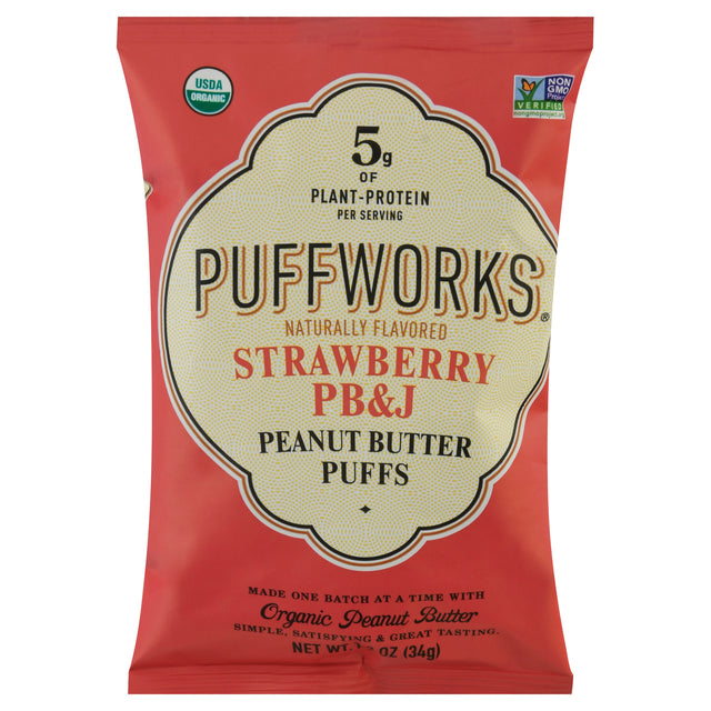 Puffworks Strawberry PB&J Puffs: Organic Peanut Butter Snacks - 6 x 1.2 oz