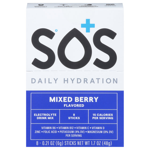SOS Hydration Mixed Berry: Electrolyte Drink Mix - Enhanced Hydration 8 Ct