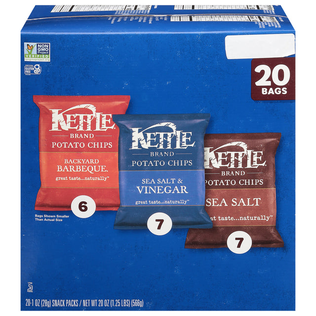 Kettle Brand Potato Chips, Salt & Vinegar, BBQ, 4 Bags of 20/1 Oz