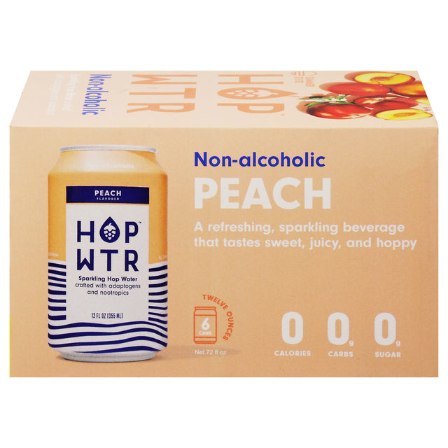 Hop Wtr - Sparkling Peach Hop Water, 6/12 fl oz (Case of 4) - Non-Alcoholic Refreshment