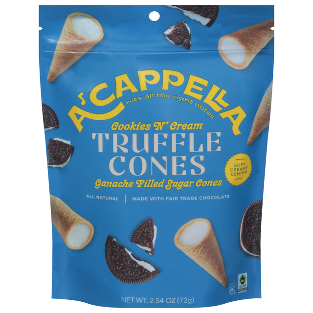 Acappella Cones Cky N Crm Truffle: Gourmet Chocolate Cream Cones, Pack of 6 - 2.54 Oz