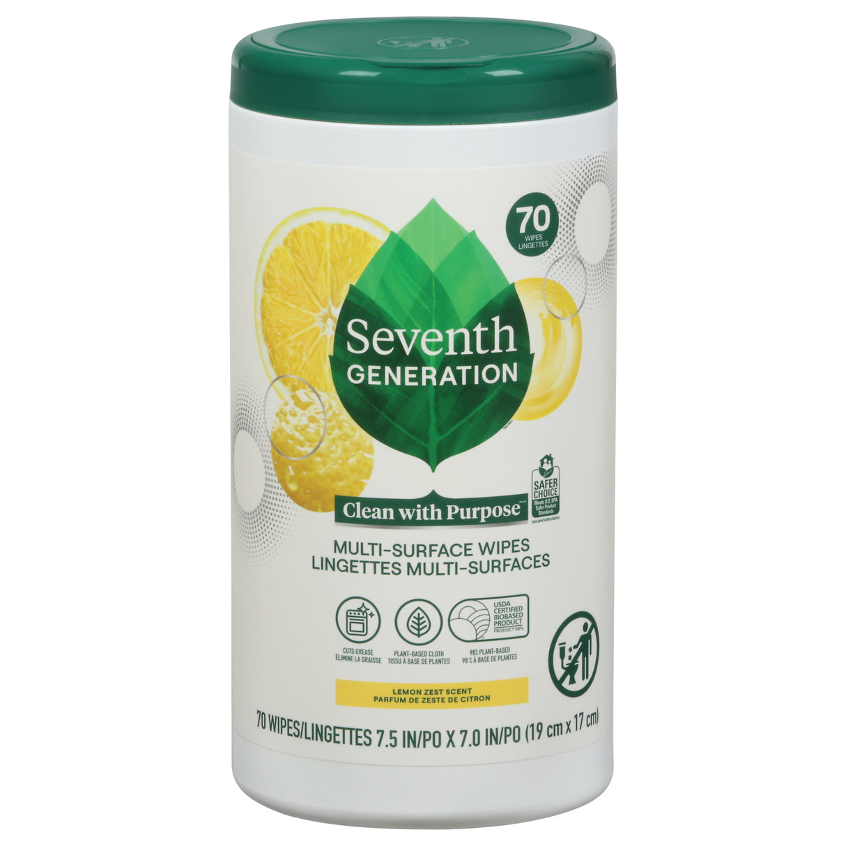 Seventh Generation Multi-Surface Wipes Lemon 420 Count -Disinfect & Clean