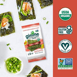 Gimme Roasted Seaweed Snacks package with USDA Organic, Gluten Free, Vegan, and Non-GMO Project verified logos on a white background.