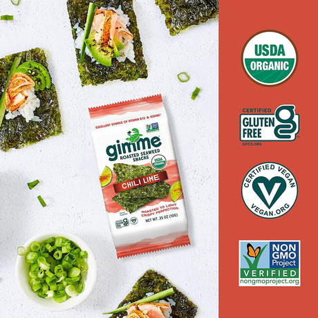 Gimme Roasted Seaweed Snacks package with USDA Organic, Gluten Free, Vegan, and Non-GMO Project verified logos on a white background.