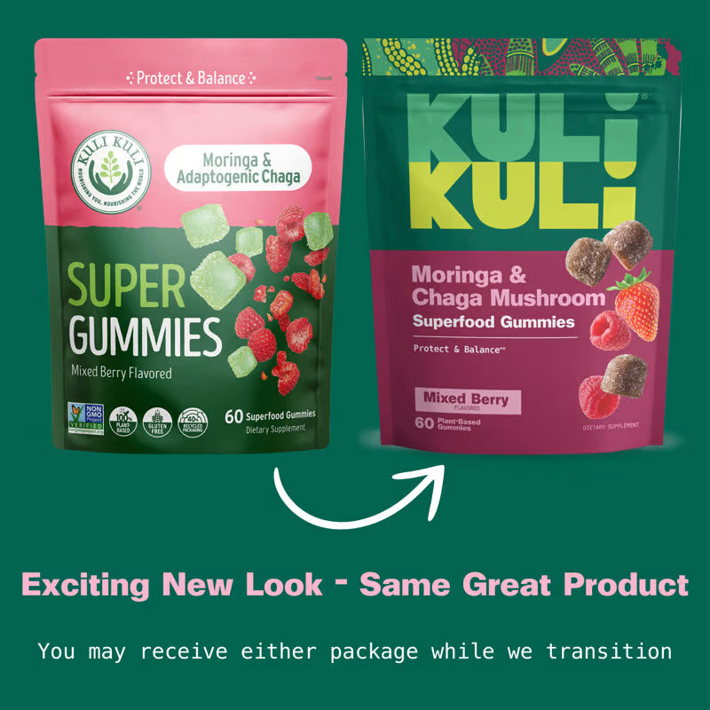Two packages of Kuli Kuli Super Gummies on a green background with text indicating a new packaging design.